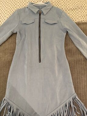 Light Blue Suede Fringe Zip Dress